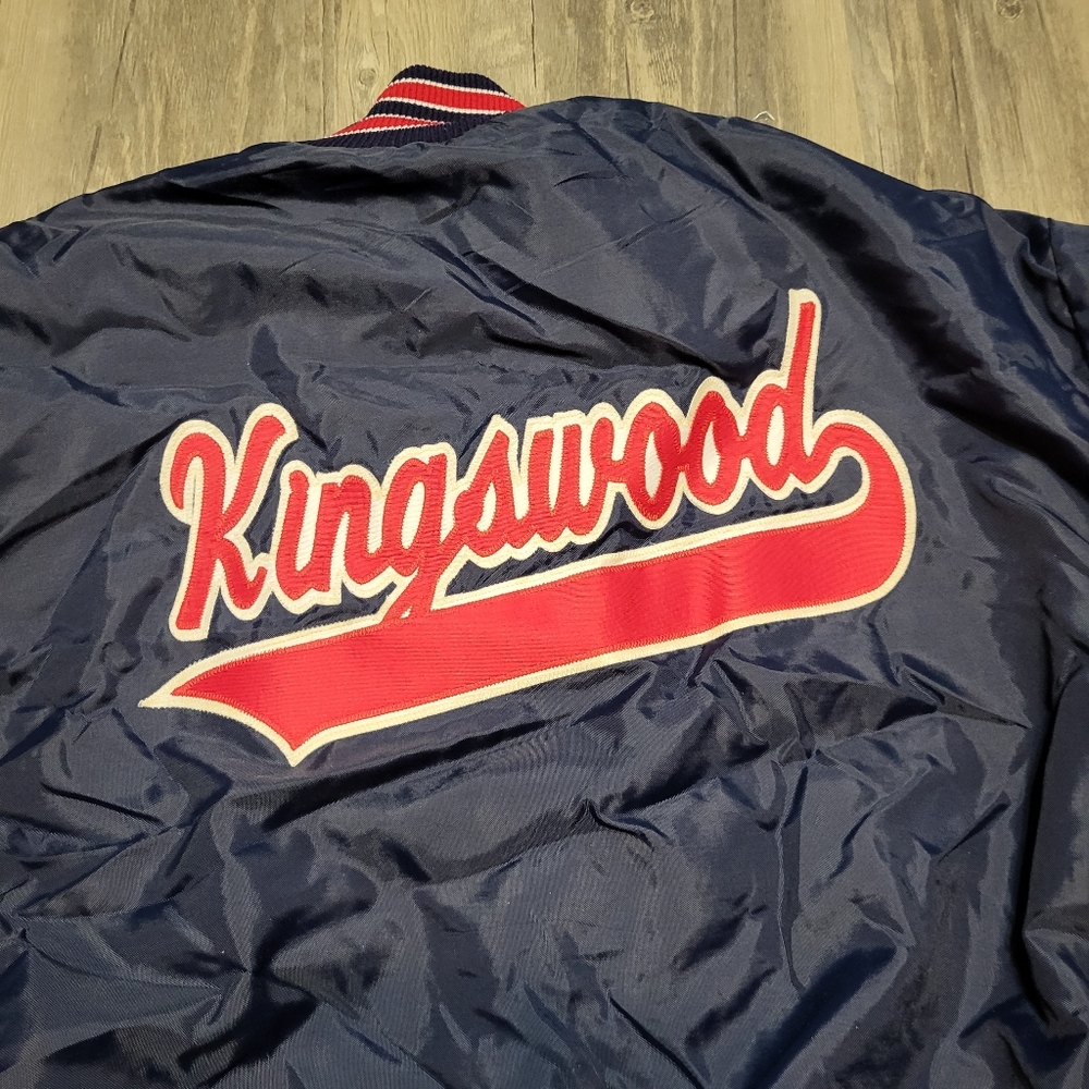 Vintage DeLong Nylon Bomber Jacket Kingswood Patch Snap Up Varsity Style Sz XL - Picture 2 of 7
